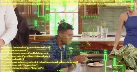 Man Wearing Headphones Chatting at Kitchen Table with Woman in Blue Dress, Digital HUD