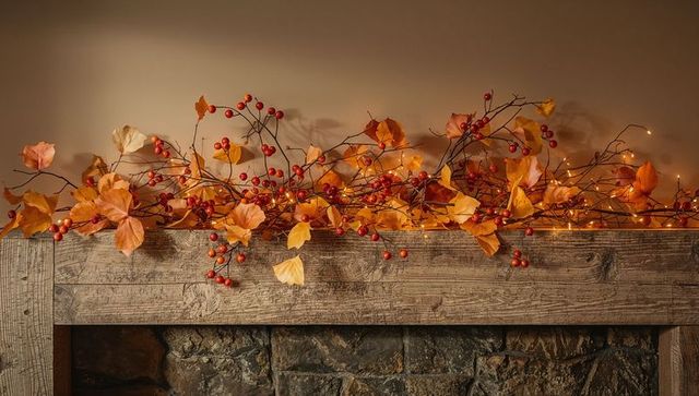 Cozy Autumn Garland of Orange Leaves and Red Berries on Rustic Wooden Mantel with Lights