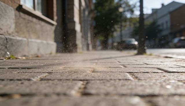 Sunlit brick sidewalk scattering dust particles at street level with textured masonry wall