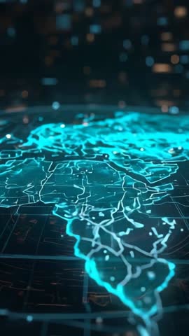 Powering Earth Hologram Rotating Above Platform with Pulsing Nodes and Data Waves