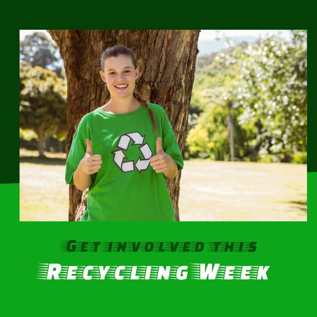 Portrait of smiling young caucasian female volunteer gesturing thumbs up, recycling week text. Copy space, digital composite, promote benefits of recycling, raise awareness, environment conservation.