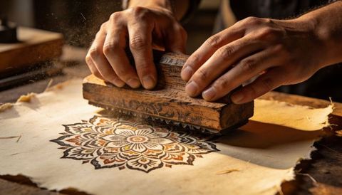 Artisan hand-pressing carved woodblock mandala on aged paper with pigment dust