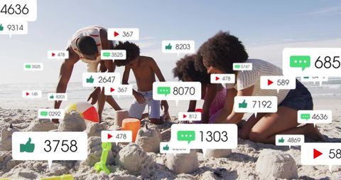 Family building sandcastles on sunny beach with social reaction bubbles and engagement