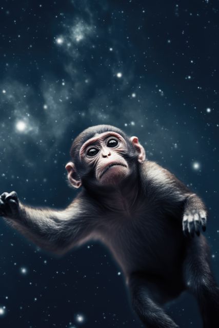 Monkey floating in outer space with stars and cosmic background. Perfect for use in creative projects, fantasy concepts, surreal art themes, and science fiction illustrations. Suitable for marketing, advertising, or storytelling in websites, posters, and media requiring a unique and intriguing visual.