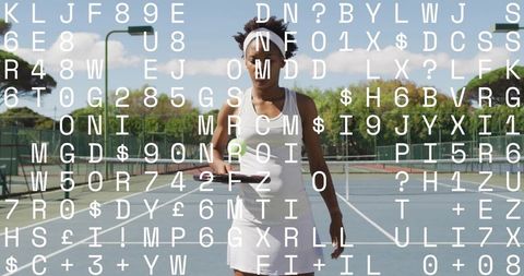 Standing female tennis player holding racket and ball with alphanumeric data overlay on court