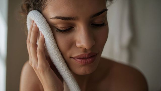 Pressing soft towel to cheek, woman practicing gentle skincare, closeup beauty portrait