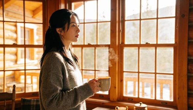Asian woman holding steaming mug gazing through sunlit cabin windows, cozy winter lodge