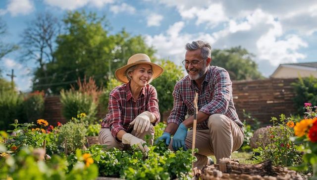 Mature couple gardening together in sunny backyard raised beds wearing plaid shirts