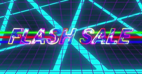 Glowing Neon Flash Sale Sign Hovering Over Retro Grid With Cyan Beams and RGB Glitch