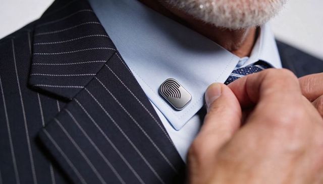 Senior man adjusting tie wearing biometric fingerprint collar clip for executive security