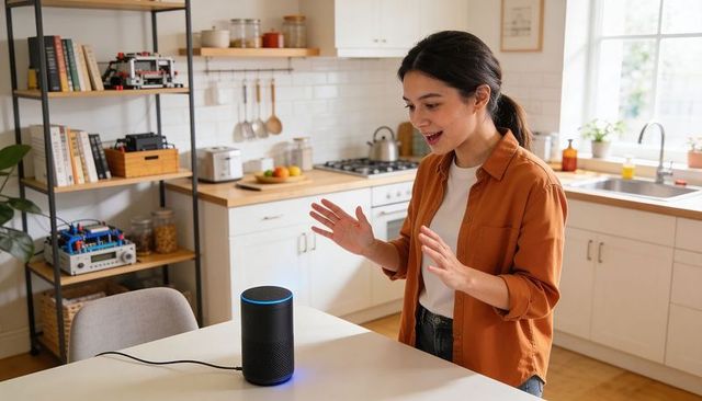 Woman speaking to smart speaker in bright kitchen, using voice control for home assistant