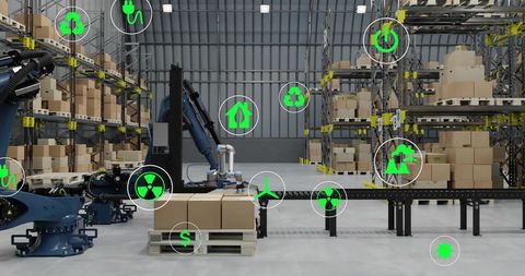 Digital Ecology Icons in Automated Modern Warehouse - Download Free Stock Images Pikwizard.com