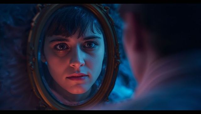 Enigmatic woman observing reflection in ornate mirror