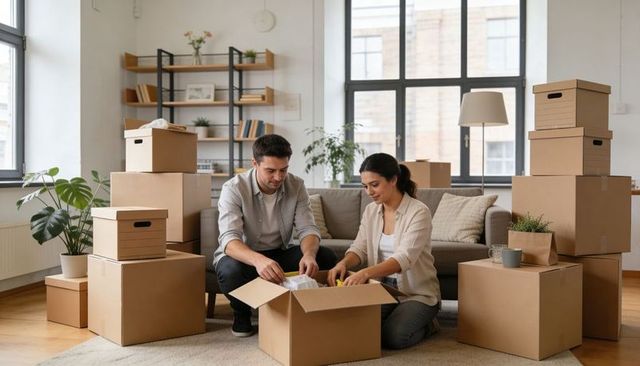 Young couple unpacking moving boxes in bright modern living room with plants