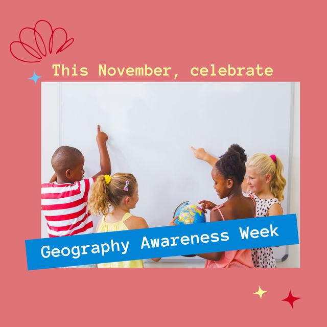 Image of geography awareness week over diverse pupils with globe. Geography, school and education concept.