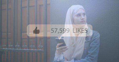 Woman in Hijab with Smartphone Likes Social Media Engagement