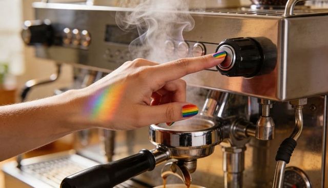 Pressing espresso machine button with rainbow nail art, steam pouring from portafilter