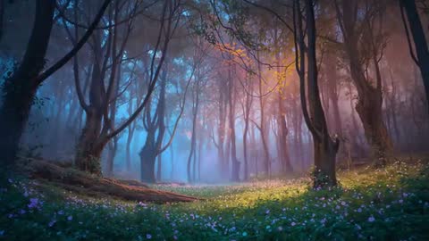 Dawn Mist Moving through Enchanted Woodland Glade with Violet Blooms and Twinkling Light