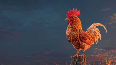Vibrant Rooster Perching Against Dusk Sky in Countryside Field