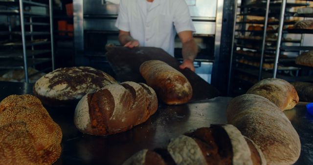 Baker placing freshly baked loaves onto a cooling rack in a bakery. Use for promotions related to bakeries, artisanal bread making, culinary arts, food blogs, or advertisements showcasing fresh baked goods.