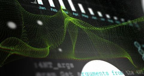Futuristic data analytics with 3d wave overlay and code