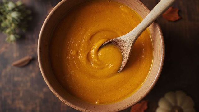Creamy Pumpkin Soup Swirling in Ceramic Bowl with Wooden Spoon Rustic Autumn Cozy Comfort