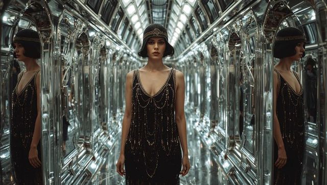 Flapper-inspired model standing in mirrored chrome corridor wearing beaded black gown