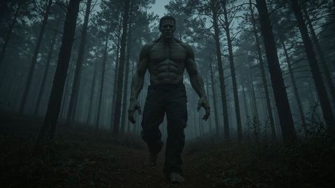 Green humanoid warrior walking in misty pine forest