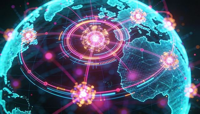 Holographic globe rotating with neon network hubs and futuristic hud visualization