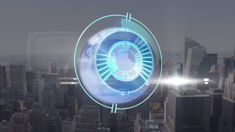 Futuristic Digital Globe Interface Over Cityscape