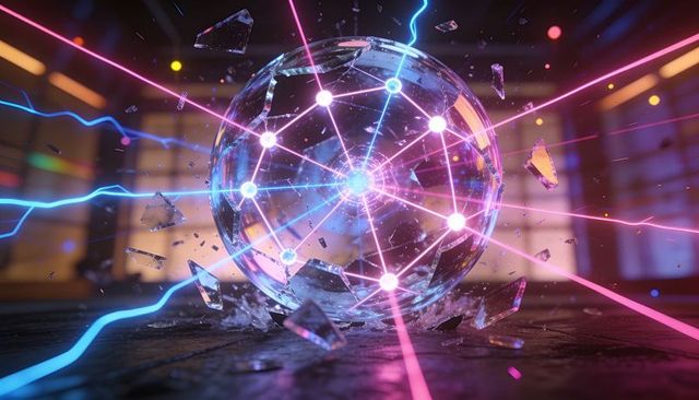 Glowing crystal orb emitting neon lattice of light beams and shattered glass energy network