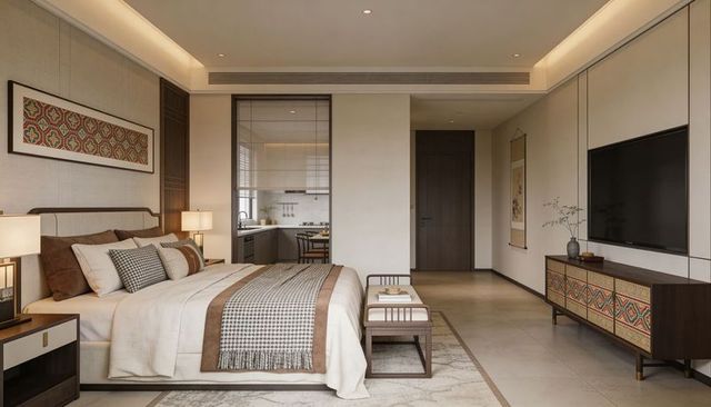 Modern neutral bedroom featuring king bed, bench and patterned media console for interiors