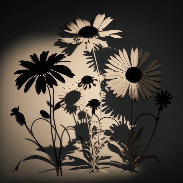 Close up of flower silhouettes on beige background, created using generative ai technology. Nature, pattern and texture concept digitally generated image.