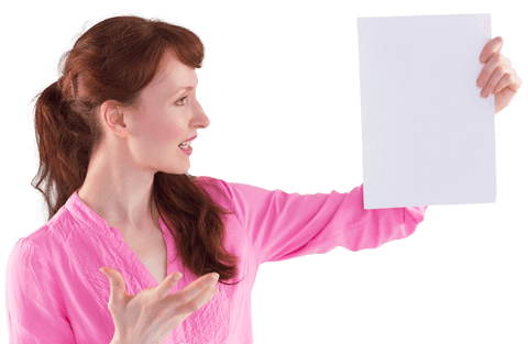 surprised woman in pink blouse holding transparent paper - Download Free Stock Videos Pikwizard.com