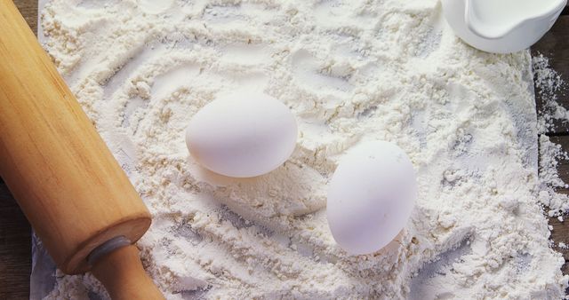 Baking Ingredients with Rolling Pin and Eggs on Flour-Covered Surface - Download Free Stock Images Pikwizard.com