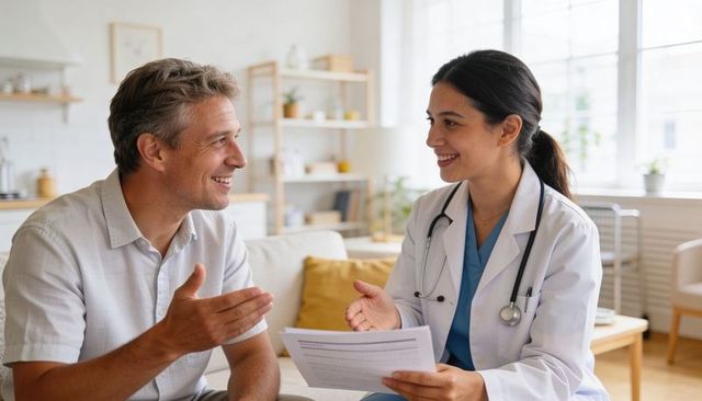 Female doctor consulting male patient at home, holding paperwork, smiling during discussion