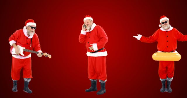 Three Different Santa Clauses Posing Against Red Background - Download Free Stock Images Pikwizard.com