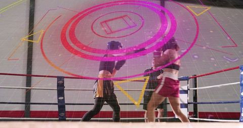 Female boxers fighting in ring while referee intervening and futuristic geometric overlay