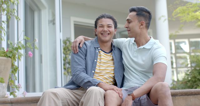 Smiling Couple Enjoying Relaxation Together on Porch Steps - Download Free Stock Images Pikwizard.com