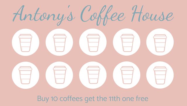 Minimalist coffee loyalty card design featuring coffee cups in circles, ideal for cafe promotions. Highlights customer reward program with text 'Buy 10 coffees get the 11th one free'. Perfect for enhancing customer engagement and encouraging repeat visits to coffee shops and cafes. Can be used in both digital and print formats to attract more customers.