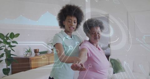 Caregiver guiding senior practicing balance with futuristic hud overlay in cozy bedroom