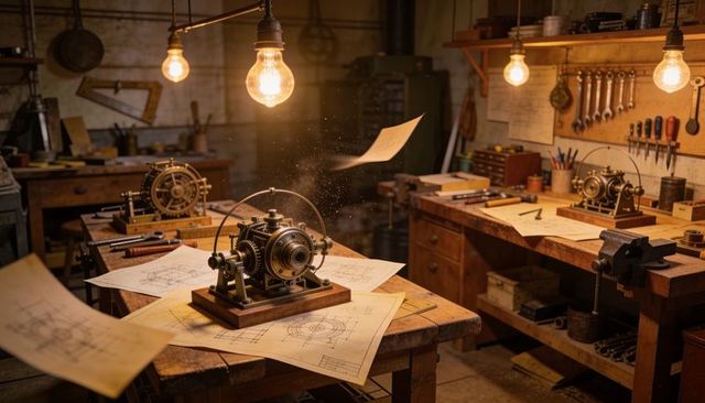 Brass rotary mechanism sitting on blueprints in workshop with glowing filament bulbs