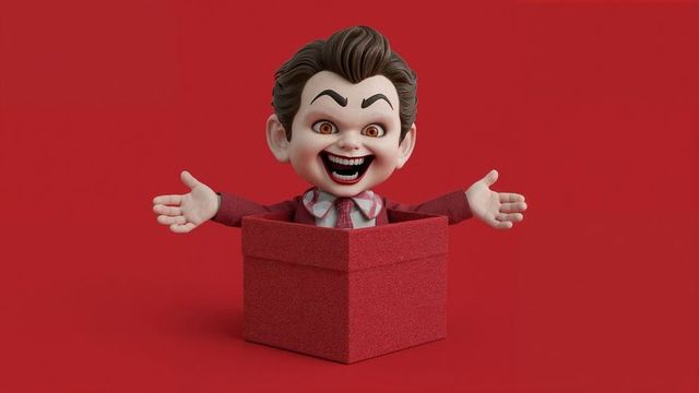 Cheerful Doll Emerging from Red Gift Box on Red Backdrop