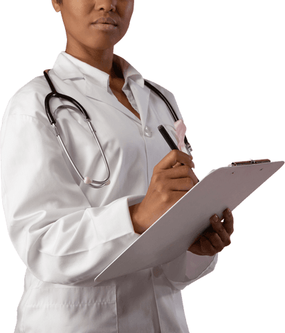 Transparent Medical Professional Writing with Stethoscope and Pink Ribbon