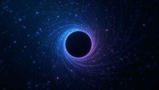 Neon particle vortex around central void, spiraling cosmic energy with glowing rim