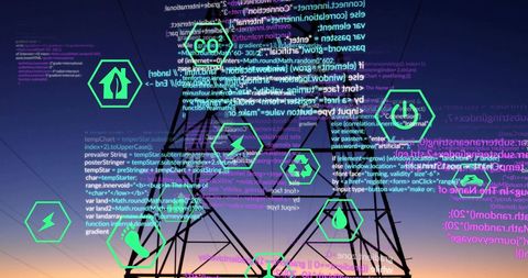 Futuristic Energy Network with Eco Icons on Electric Pylon