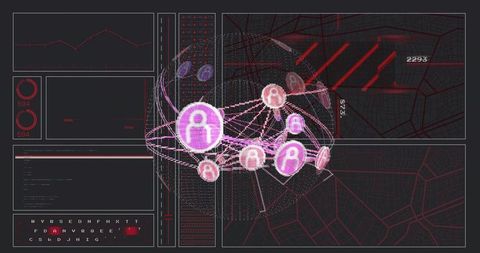 3D Network Globe Rotating on Cybersecurity Dashboard with Neon Magenta Nodes and Wireframe