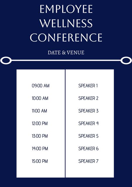 This visual showcases the timetable for an upcoming Employee Wellness Conference, listing times and speaker slots. Ideal for promoting business events, conference organizations, corporate wellness programs, and event planning materials.