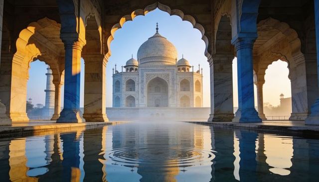 Framing taj mahal reflection at sunrise through scalloped marble arcade with symmetry