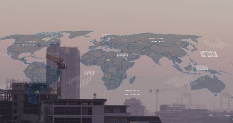 data overlay world map on construction skyline - Download Free Stock Images Pikwizard.com